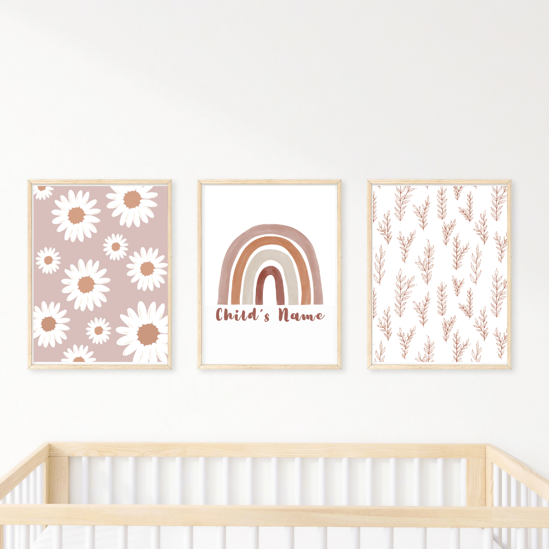 Nursery Wall Art "Floral Boho" in Old Rose Pink Set (3pcs) - TinyPrints