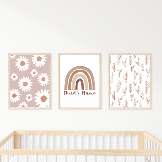 Nursery Wall Art "Floral Boho" in Old Rose Pink Set (3pcs) - TinyPrints