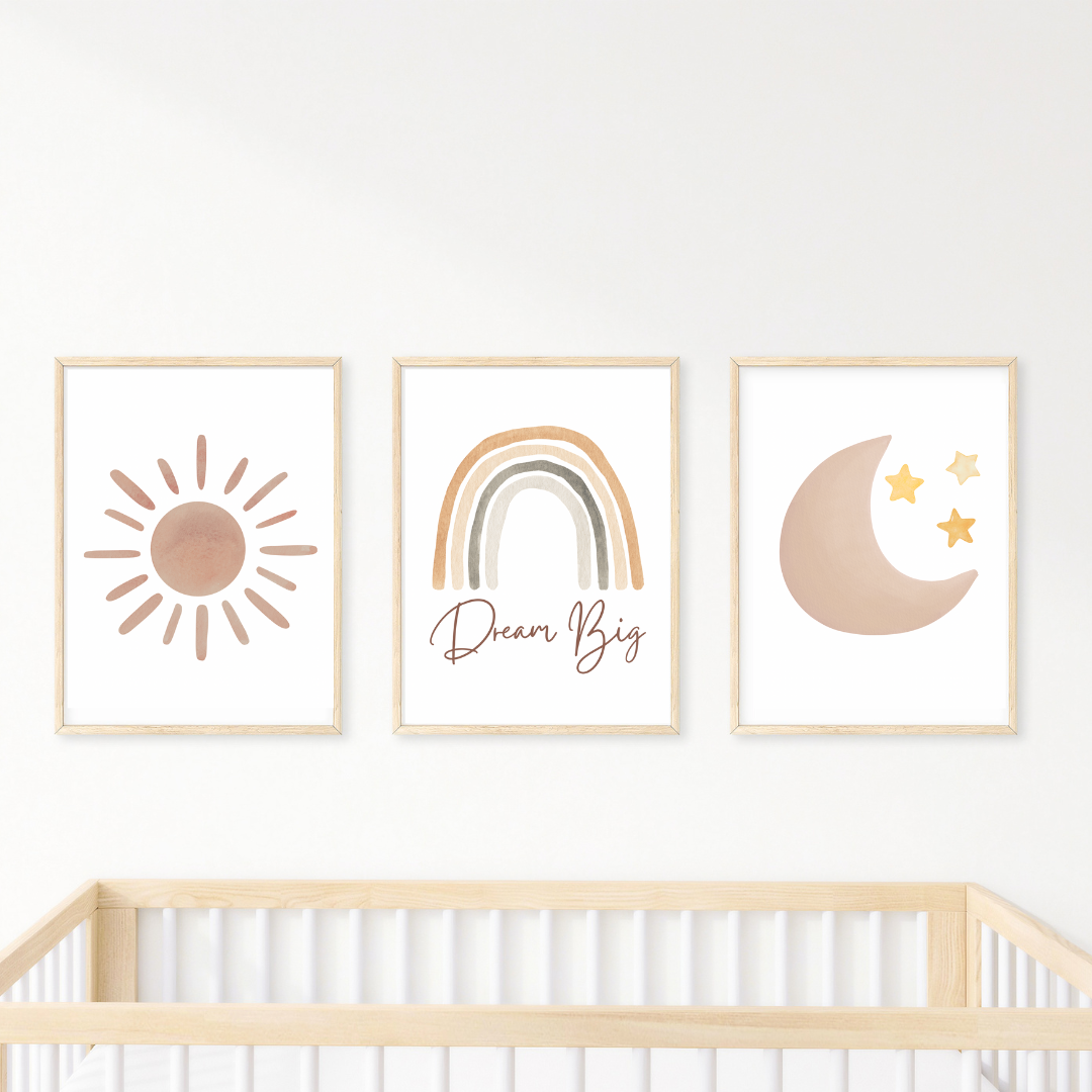 Nursery Wall Art " Dream Big Rainbow" with Customised Name Set (3pcs) - TinyPrints