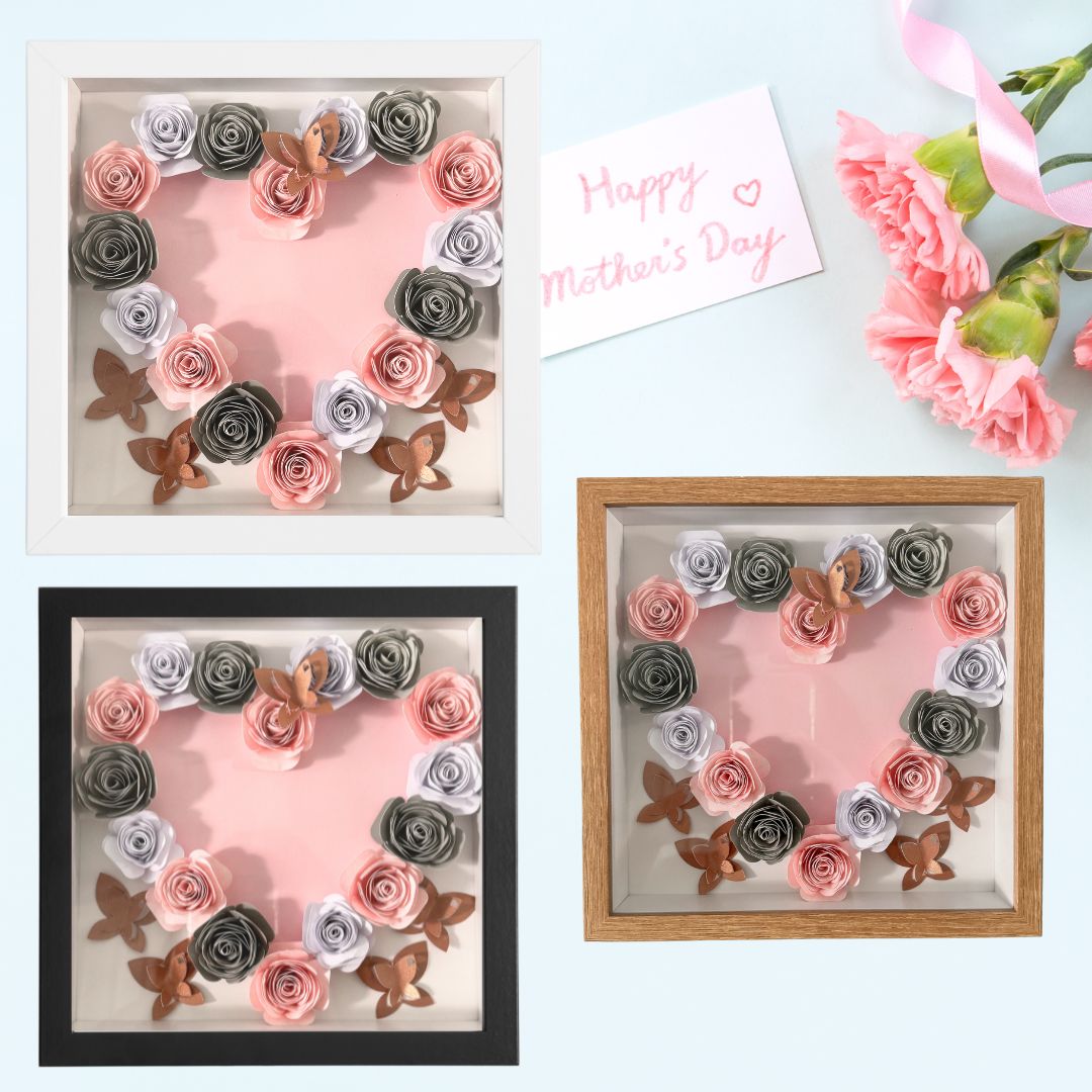 Paper Flower Shadow Box Heart and Butterflies (Wooden Frame) - TinyPrints