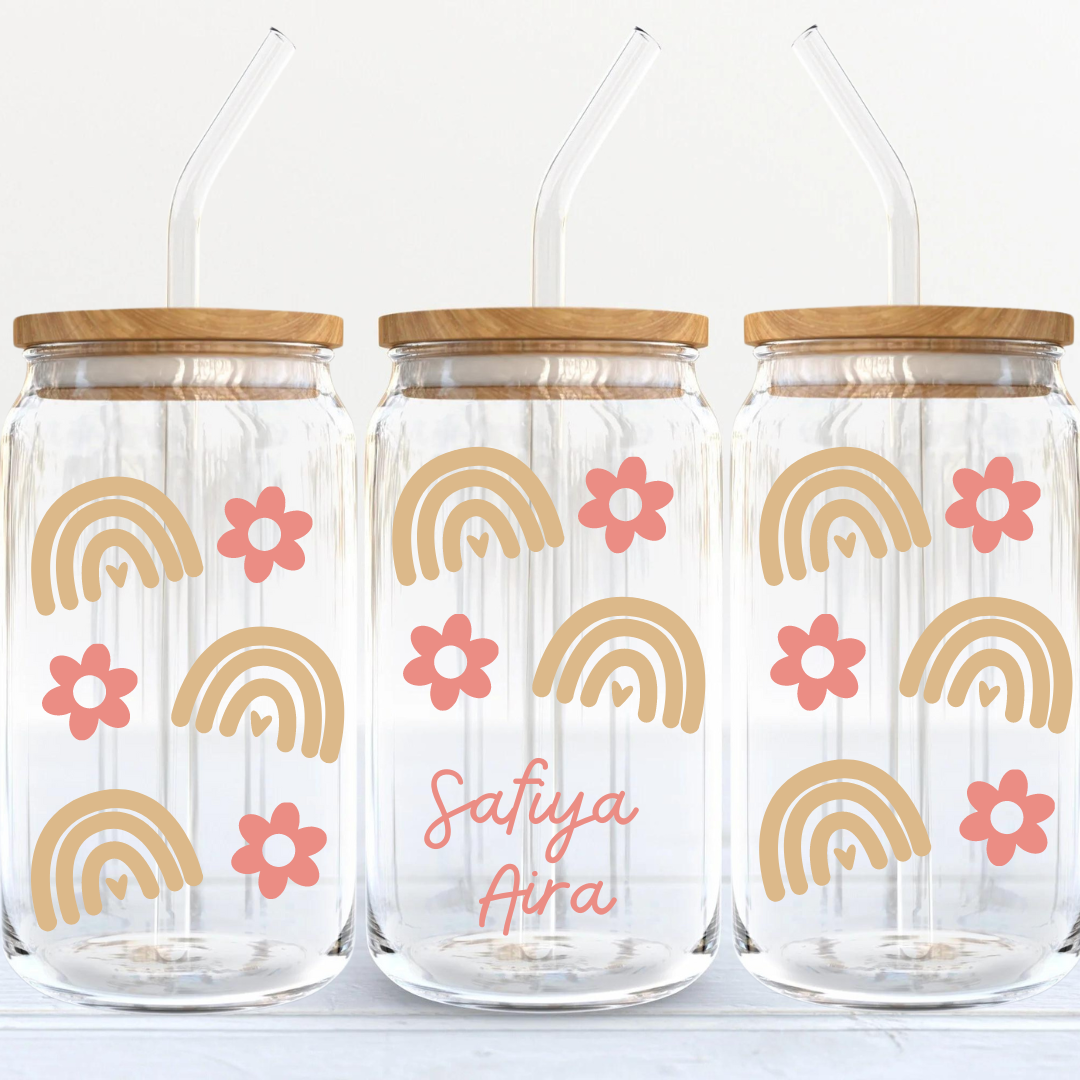 Soda Glass Can "Rainbow and Floral" Wrap with Name Personalisation - TinyPrints