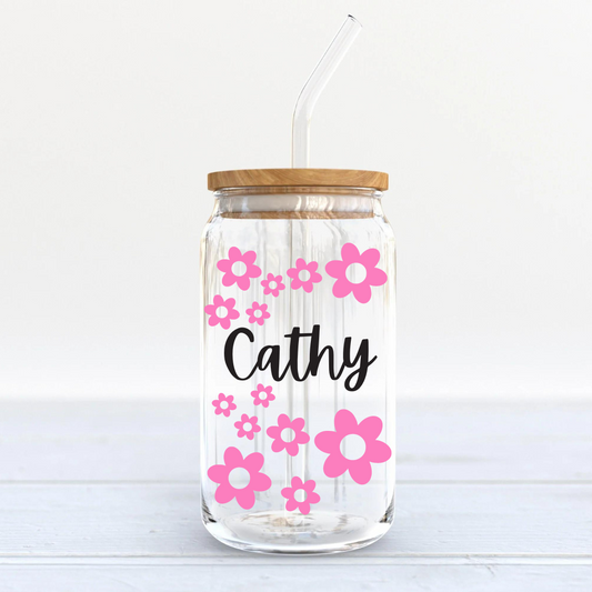 Floral Glass Can with Name Customisation