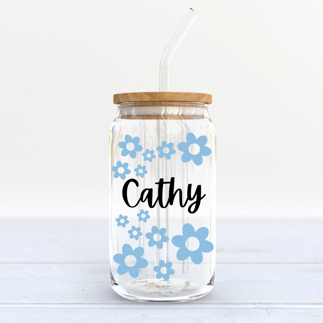 Floral Glass Can with Name Customisation