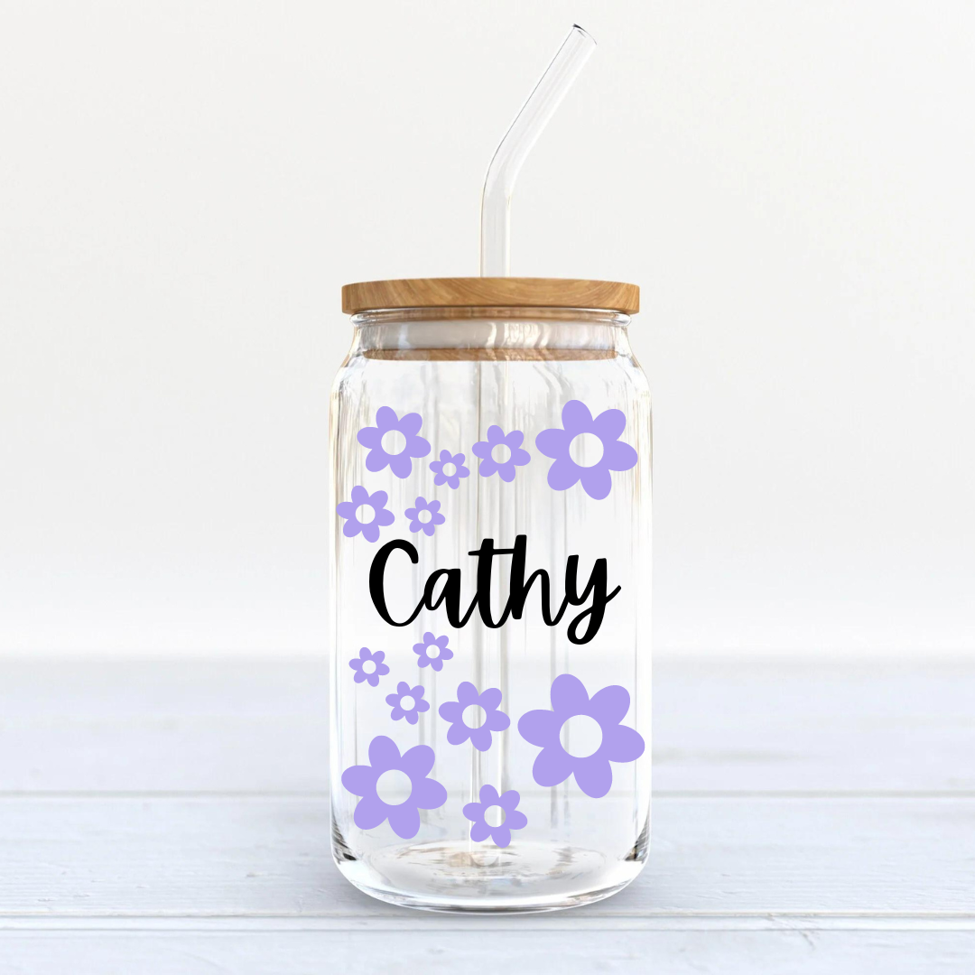 Floral Glass Can with Name Customisation